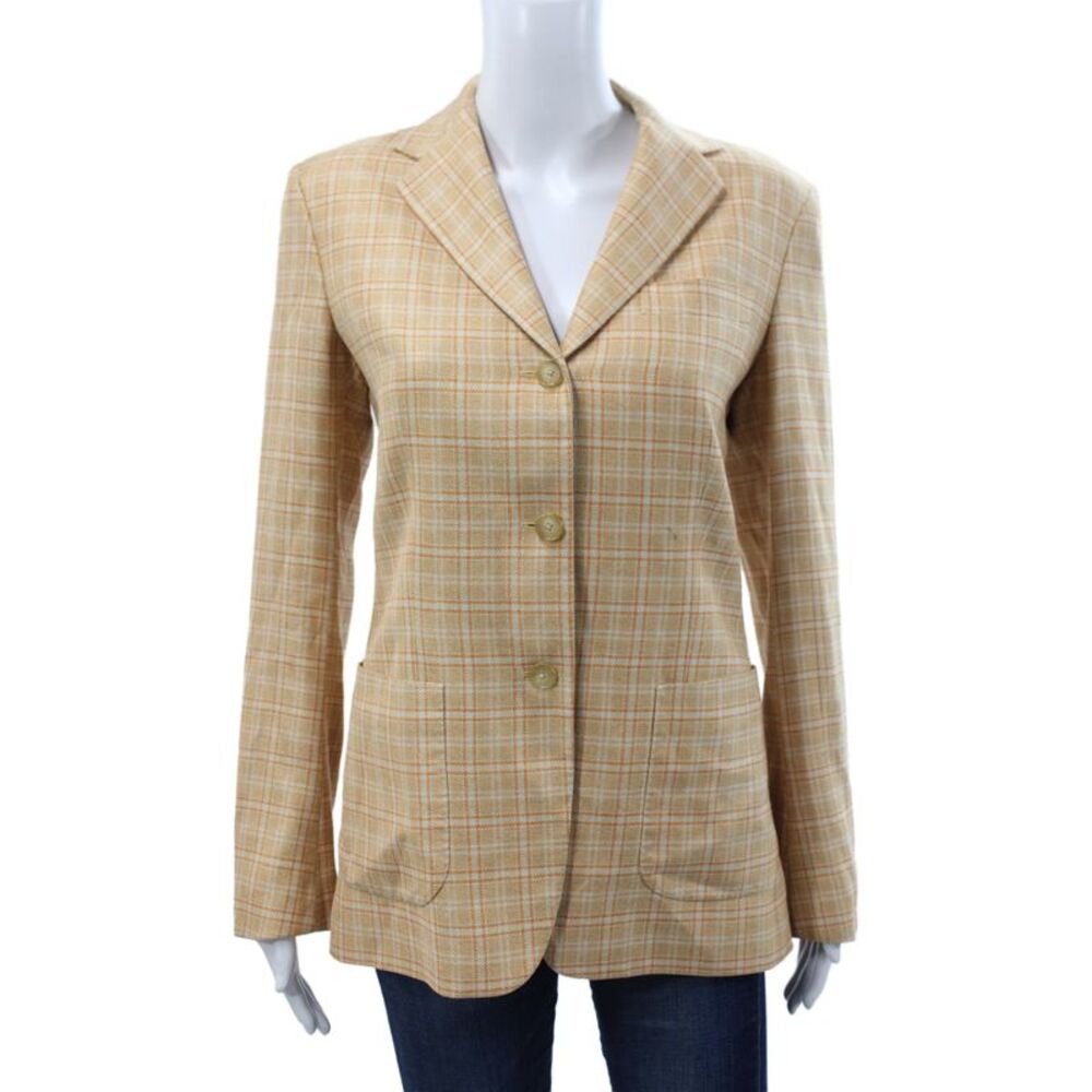 Domenico Vacca Womens Basic Jacket Beige Plaid Rayon Button Long Sleeve Size S